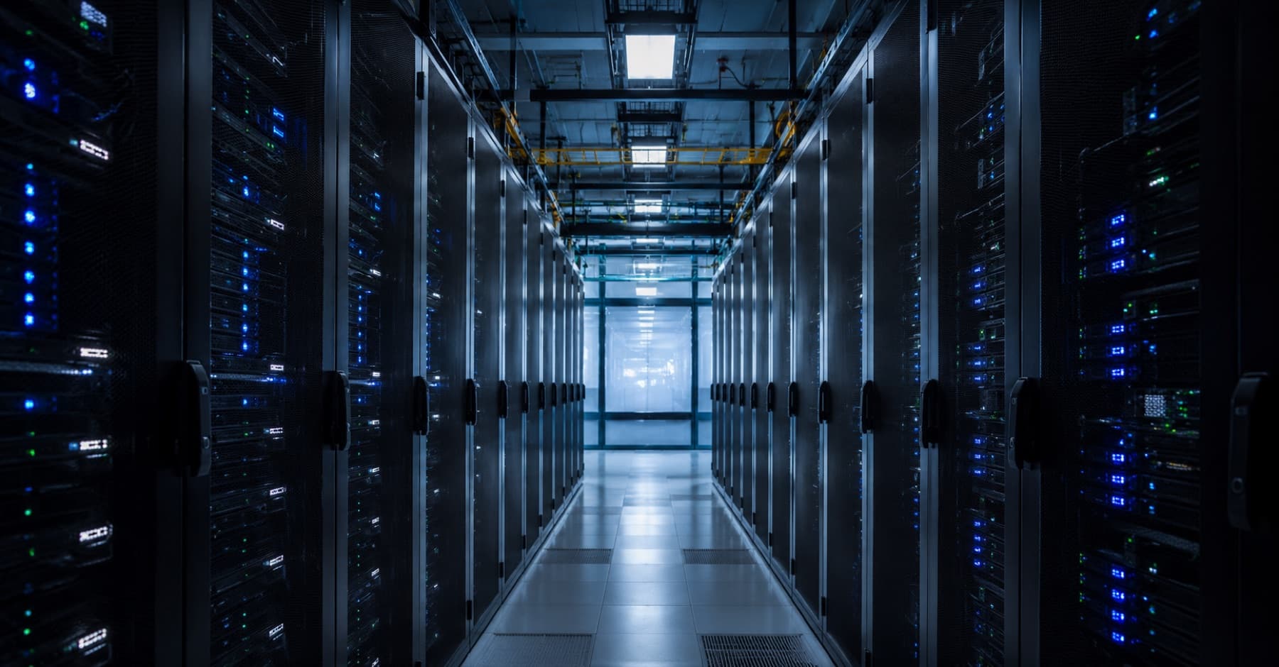 Datacenter aisle lined with server racks
